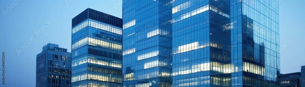 Modern glass buildings illuminated at dusk. Modern glass buildings illuminated at dusk.
