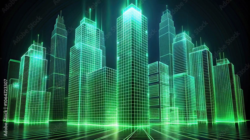 Futuristic glowing skyscrapers in green wireframe with neon accents on a dark background, futuristic, glowing, skyscrapers, green Futuristic glowing skyscrapers in green wireframe with neon accents on a dark background, futuristic, glowing, skyscrapers, green