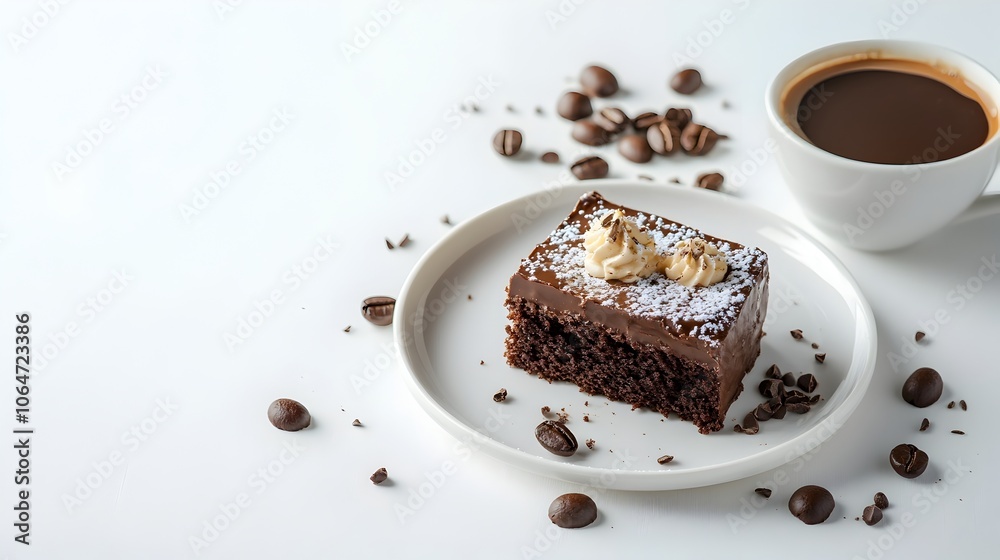 Delicious Chocolate Cake Served with a Rich Coffee on a Clean White Background Delicious Chocolate Cake Served with a Rich Coffee on a Clean White Background