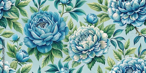 Fototapeta Naklejka Na Ścianę i Meble -  Seamless vintage style pattern with blue blooming peonies and leaves, peony, flower, floral, vintage, seamless, pattern
