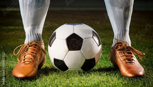 Football, soccer boots and a football, soccer ball on the grass
