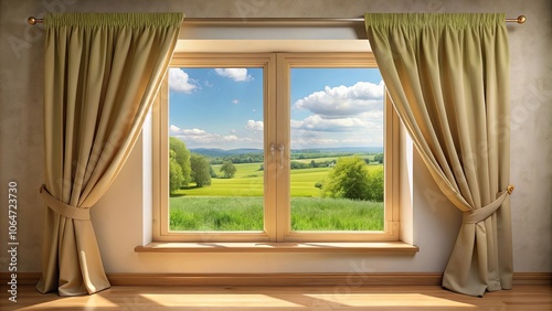 Wide window with light brown curtains and a wooden frame, revealing a serene green meadow outside , window