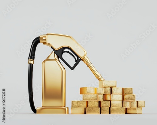 Modern visual metaphor of fuel costs, gold gas pump with black nozzle beside several gold bricks, minimalist background adding focus to the theme. photo