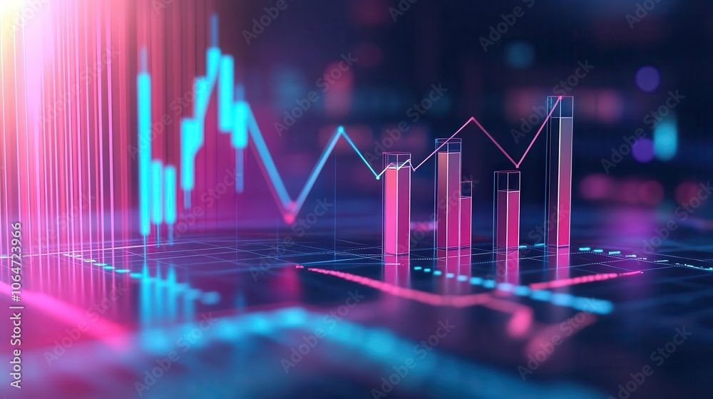 Sales forecast analysis with upward trend lines and bar charts, growth focus, 3D illustration