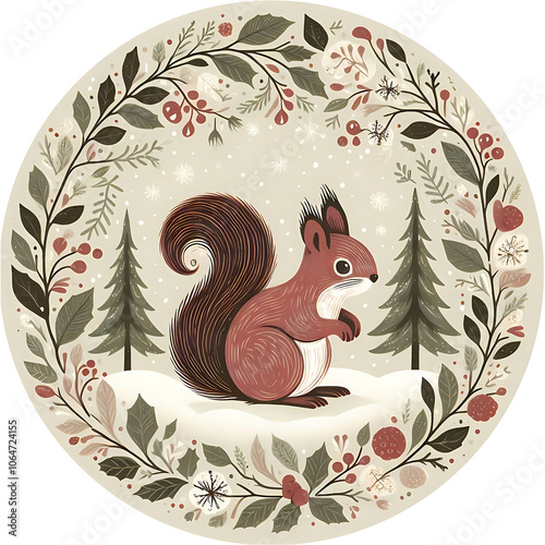 A cozy, rustic Christmas round design with a woodland squirrel surrounded by snowy trees and holly branches, in soft earth tones with festive touches of red and green.
 photo