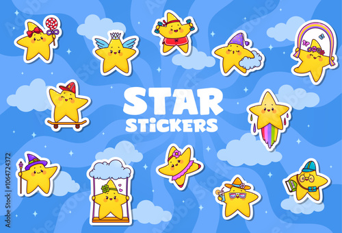 Funny kawaii stars stickers, twinkle characters skateboarding, wearing a wizard hat, and jumping with rainbow, sleeping on cloud, drinking cocktail on a beach on a blue sky background with clouds