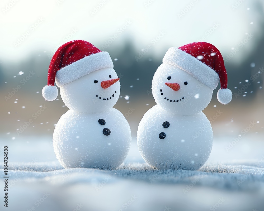 Smiling snowmen friends wearing Santa hats, snow falling gently, festive holiday scene Smiling snowmen friends wearing Santa hats, snow falling gently, festive holiday scene