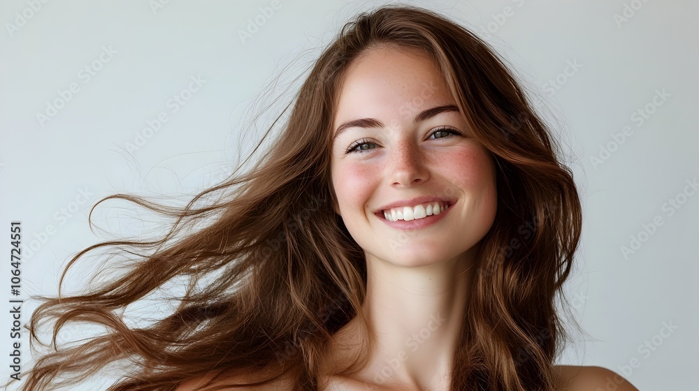 Fototapeta premium Captivating Smiling Woman with Flowing Brown Hair Against White Background