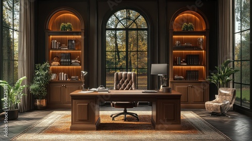 Luxurious home office setup with a dark wood desk, plush chair, and elegant lighting.