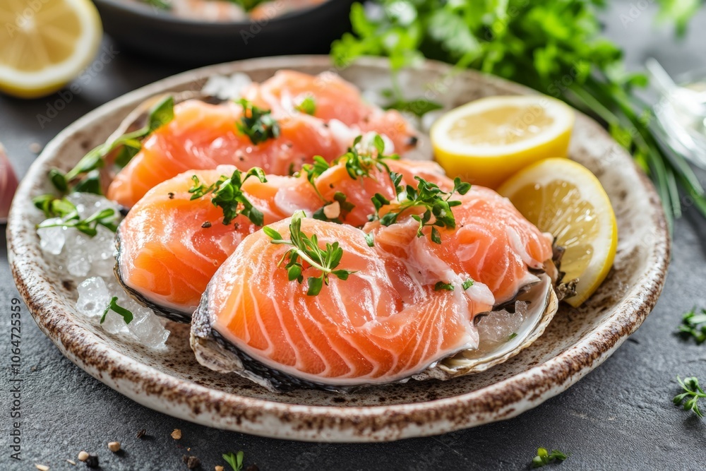 Fresh salmon slices are artfully arranged on a plate with ice, garnished with herbs and accompanied by lemon wedges, showcasing a culinary delight Fresh salmon slices are artfully arranged on a plate with ice, garnished with herbs and accompanied by lemon wedges, showcasing a culinary delight