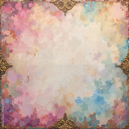 Ornate vintage watercolor victorian paper style background with gold corner accents
