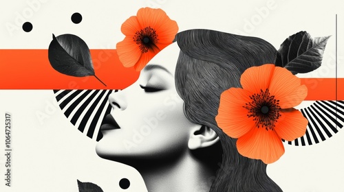 Fototapeta Naklejka Na Ścianę i Meble -  Stylized portrait featuring a womans face with bright orange flower accents and geometric patterns, in a minimalist, abstract composition.