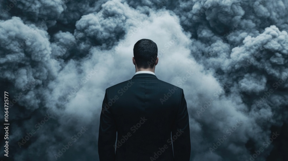 Conceptual image of investment charts and graphs crumbling and dissolving into the air with a lone trader observing the dramatic decline from a distance against a blurred background Conceptual image of investment charts and graphs crumbling and dissolving into the air with a lone trader observing the dramatic decline from a distance against a blurred background