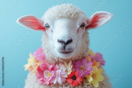 Happy sheep with colorful floral garland against blue background photo