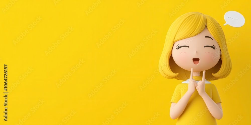Cheerful animated girl smiling against a bright yellow background. Cheerful animated girl smiling against a bright yellow background.
