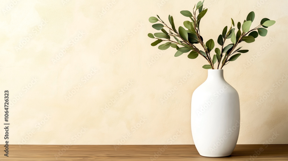 White ceramic vase with green eucalyptus branches on wooden surface against textured beige wall background White ceramic vase with green eucalyptus branches on wooden surface against textured beige wall background