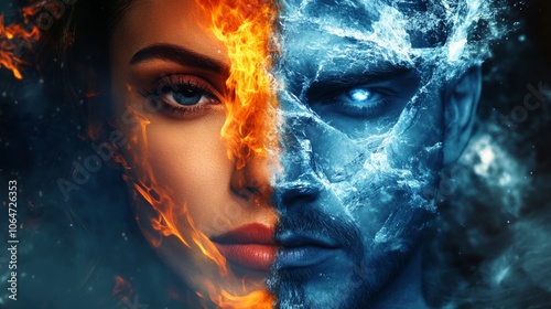 Woman face symbolizing fire with warm hues and a man face representing ice with cool tones illustrating the essence of emotional conflict and duality