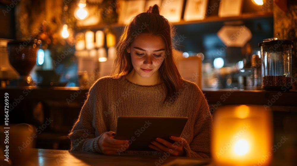 Young woman browsing on her tablet in a quiet coffee shop at night with cozy lighting creating a warm ambiance Young woman browsing on her tablet in a quiet coffee shop at night with cozy lighting creating a warm ambiance