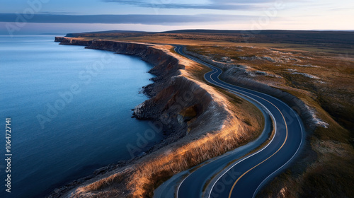 A scenic coastal road winding along dramatic cliffs at sunset, with the ocean on one side and open landscape on the other under a blue sky with clouds.