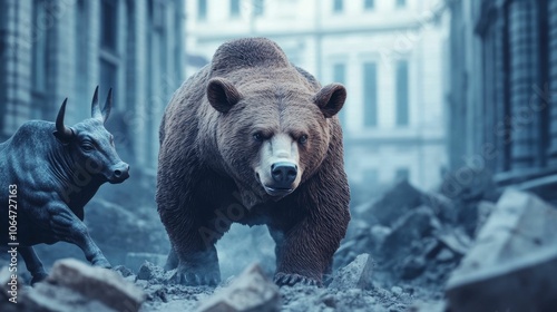 Dramatic image of a powerful bear crushing a symbolic bull statue as the market charts crumble like brittle glass in a gritty urban environment with deep depth of field photo