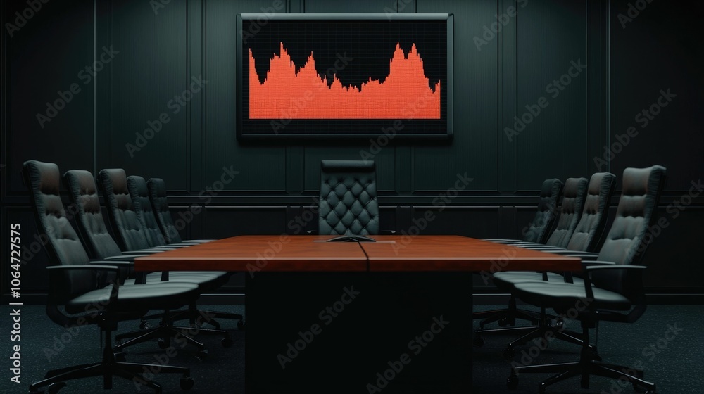 Deserted corporate boardroom with overturned chairs and a screen displaying a dramatic plunging market chart conveying a sense of crisis recession and economic uncertainty