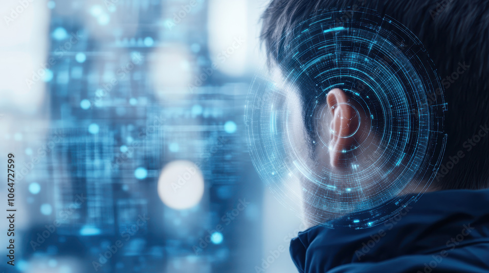 man with digital interface overlay near his ear, showcasing technology and innovation. futuristic design emphasizes connectivity and data man with digital interface overlay near his ear, showcasing technology and innovation. futuristic design emphasizes connectivity and data