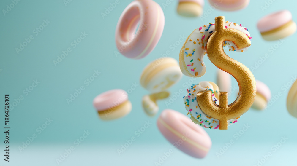 A vibrant image featuring a golden dollar sign surrounded by pastel-colored donuts against a light blue background. A vibrant image featuring a golden dollar sign surrounded by pastel-colored donuts against a light blue background.