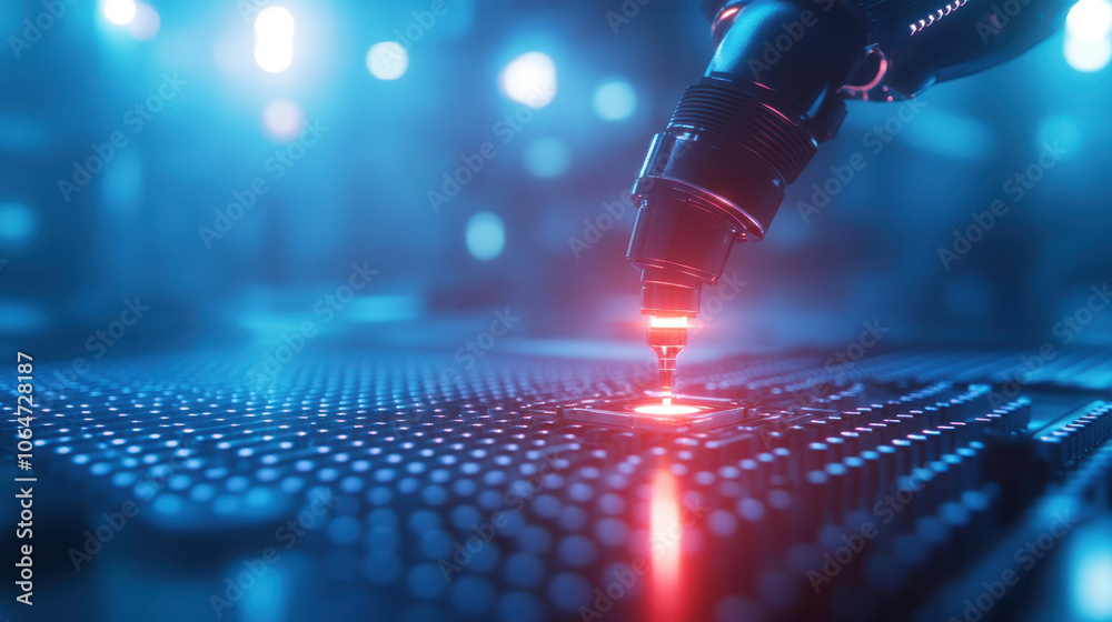 close up of laser cutting machine working on circuit board, showcasing precision and technology in blue lit environment close up of laser cutting machine working on circuit board, showcasing precision and technology in blue lit environment