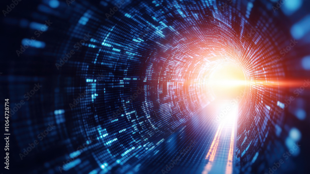Obraz premium digital tunnel with glowing lights and binary patterns, creating futuristic atmosphere. bright light at end symbolizes hope and innovation