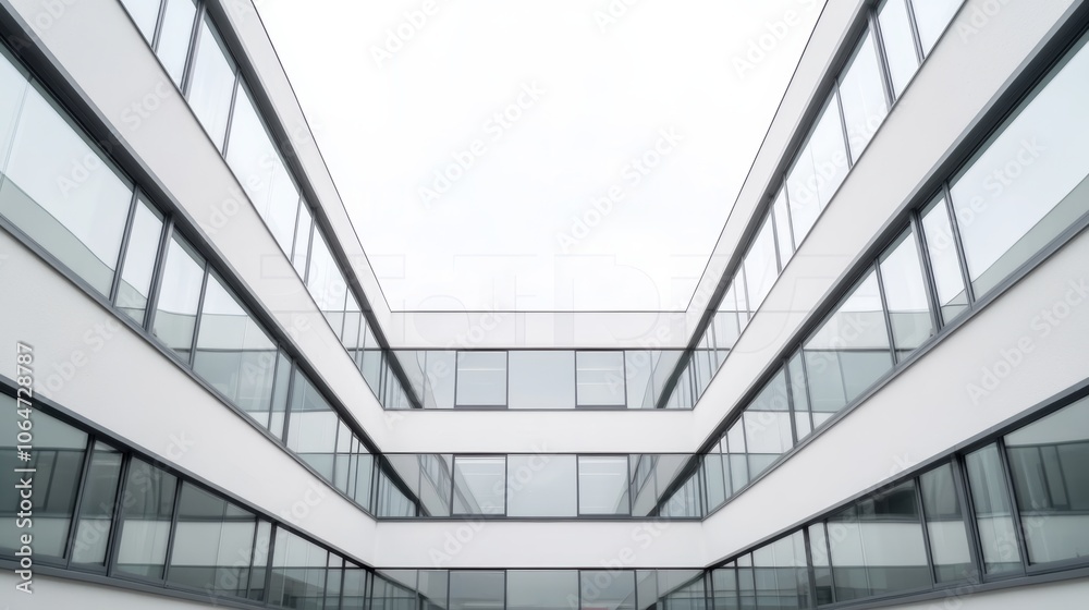 The ground floor of a modern hospital building viewed from the outside with a white sky a continuous glass wall without mullions in a calm atmosphere The ground floor of a modern hospital building viewed from the outside with a white sky a continuous glass wall without mullions in a calm atmosphere