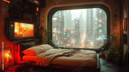 A cozy futuristic bedroom with a large window overlooking a rainy, neon-lit cyberpunk cityscape