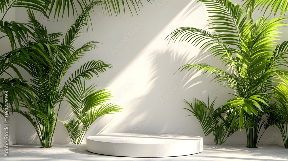 Minimalist Green Palm Leaves Backdrop with Circular Podium for Product Display Minimalist Green Palm Leaves Backdrop with Circular Podium for Product Display