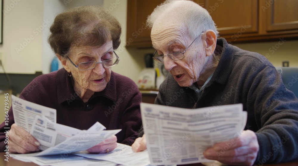 An elderly couple reviewing medical bills showing the economic impact of health expenses on retired individuals An elderly couple reviewing medical bills showing the economic impact of health expenses on retired individuals