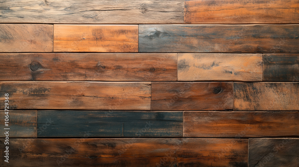 Naklejka premium Horizontal wooden planks with varying shades of brown and subtle orange hues, showing natural wood grain and knots, arranged in a seamless pattern.