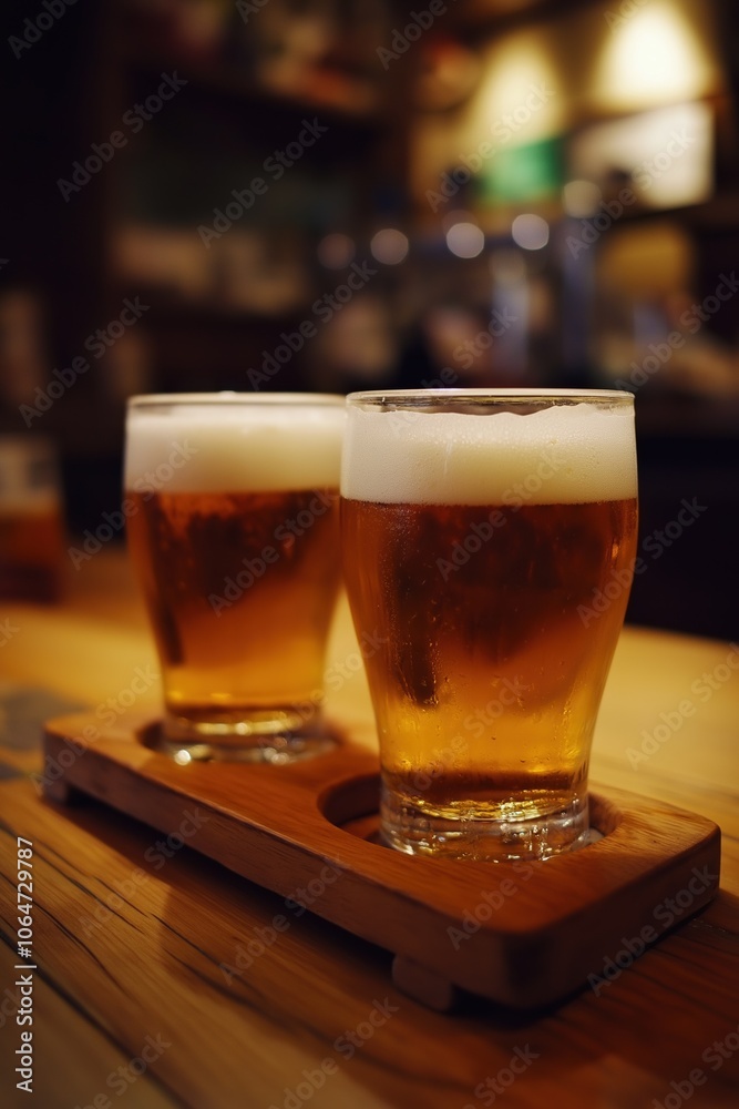 Two glasses of beer on a wooden tray. The tray is on a table. The glasses are full and the beer is foamy Two glasses of beer on a wooden tray. The tray is on a table. The glasses are full and the beer is foamy