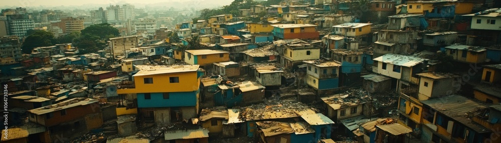 Fototapeta premium A densely populated urban area with colorful houses and a rugged landscape.