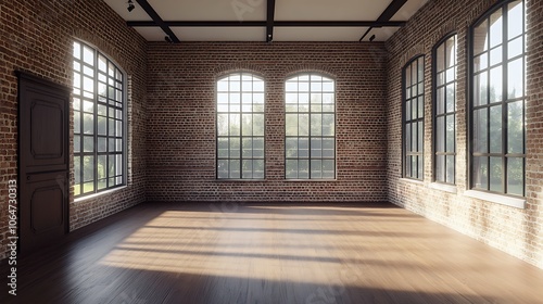 Wallpaper Mural Spacious Empty Brick Room with Large Windows and Wooden Floor Torontodigital.ca