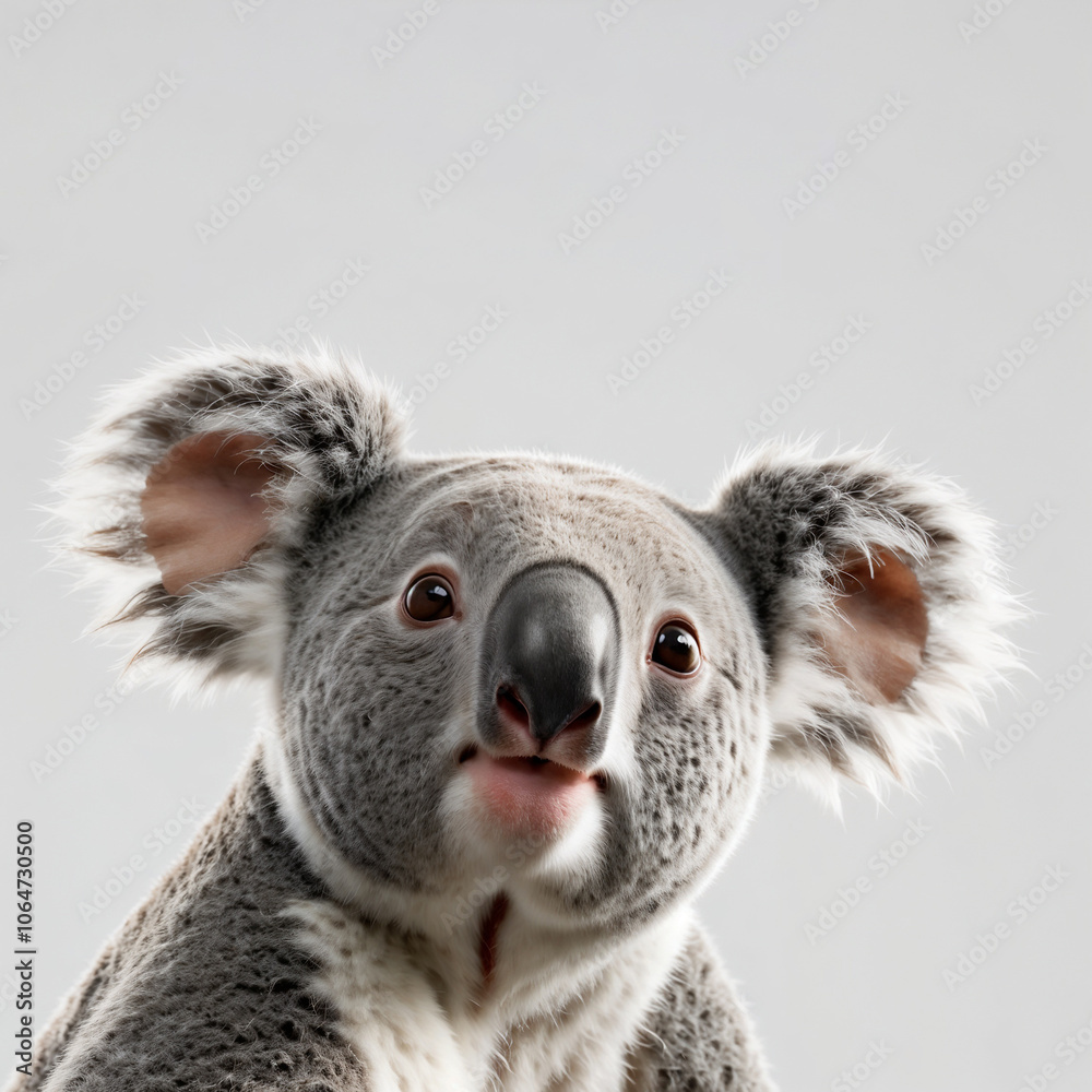 Cute koala headshot, looking up, isolated white background Cute koala headshot, looking up, isolated white background