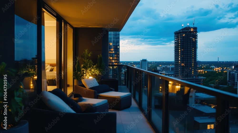 Fototapeta premium Spacious condo balcony overlooking a vibrant cityscape with stunning skyline views at sunset.