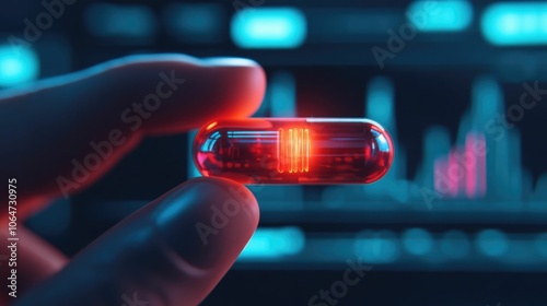 Close up of a hand holding a transparent capsule containing a glowing nanodrug with a futuristic medical lab setting and digital graphs displayed in the background photo