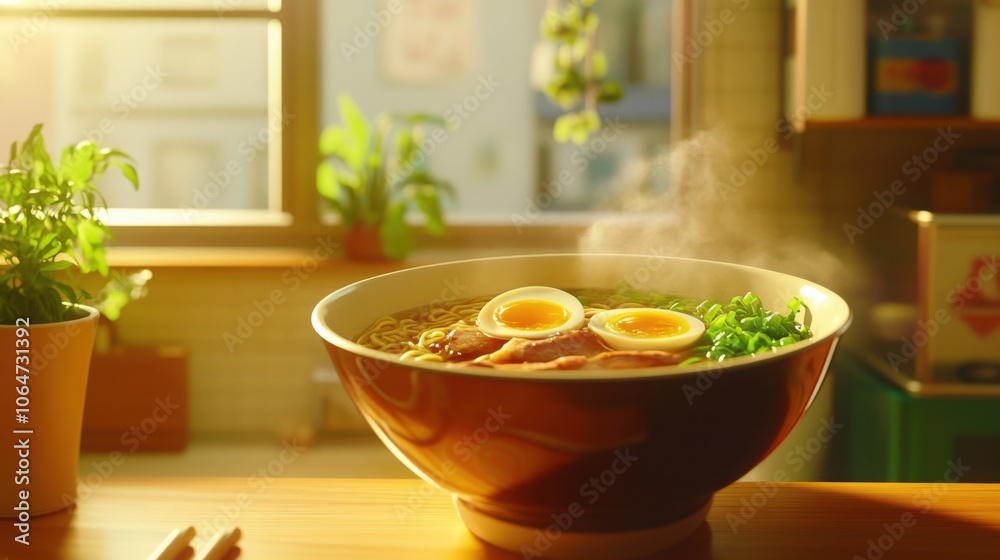 A steaming bowl of tonkotsu ramen with pork belly, green onions, and a soft-boiled egg, served in a cozy kitchen A steaming bowl of tonkotsu ramen with pork belly, green onions, and a soft-boiled egg, served in a cozy kitchen