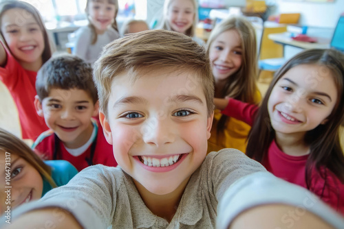 Children take a happy class selfie, enjoying fun and bonding for childcare development and growth