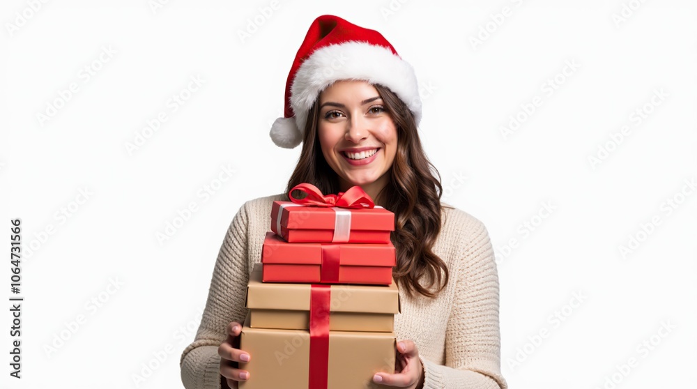 Smiling woman wearing a Santa hat holding a stack of Christmas gifts on a white background. Smiling woman wearing a Santa hat holding a stack of Christmas gifts on a white background.