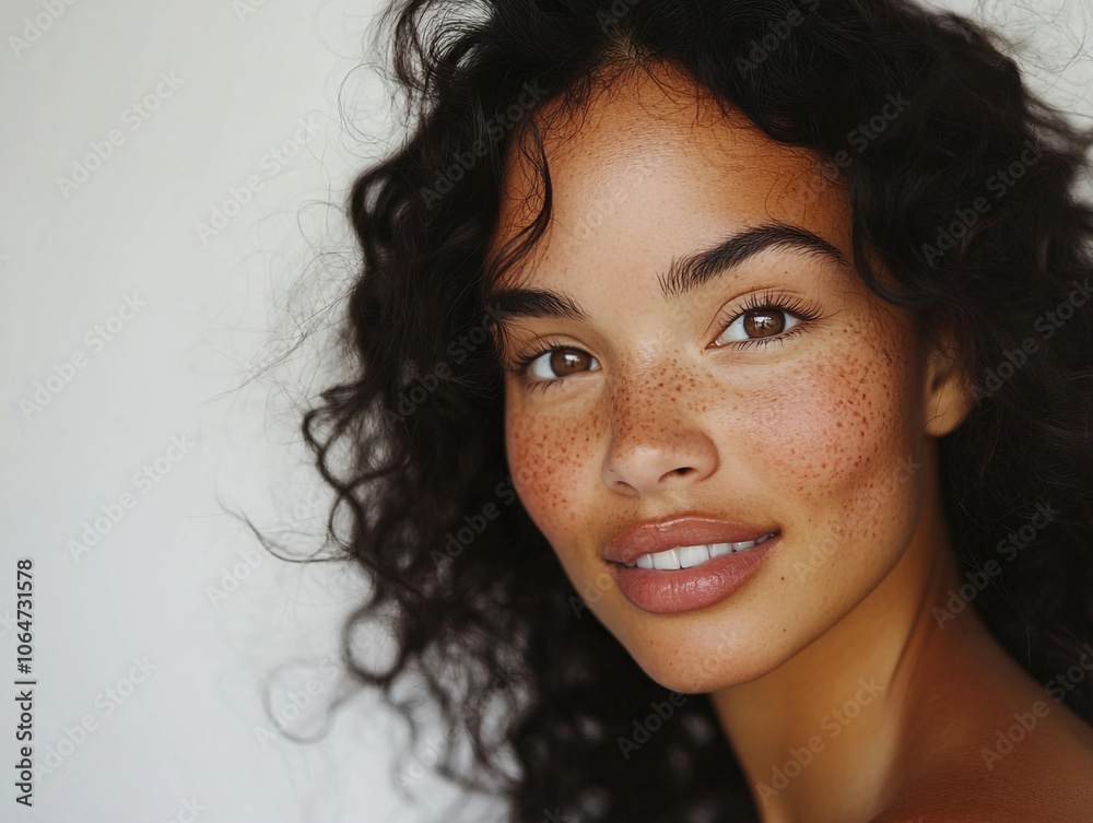 Close-Up Portrait of a Young Woman with Freckles and Curly Hair in Natural Light