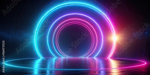 Abstract neon light streaks background with circular ring motion path, neon, light, streaks, background
