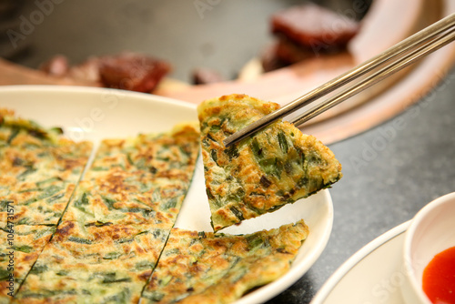 Korean food. pan fried vegetable pancake photo