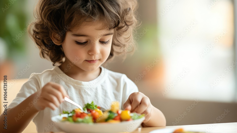 Focused kid serving themselves at dinner, warm family setting, promoting independence and mature eating habits Focused kid serving themselves at dinner, warm family setting, promoting independence and mature eating habits