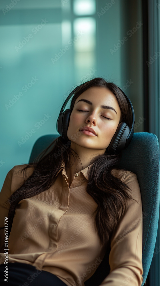 Woman enjoying a quiet nook in a corporate office setting Woman enjoying a quiet nook in a corporate office setting