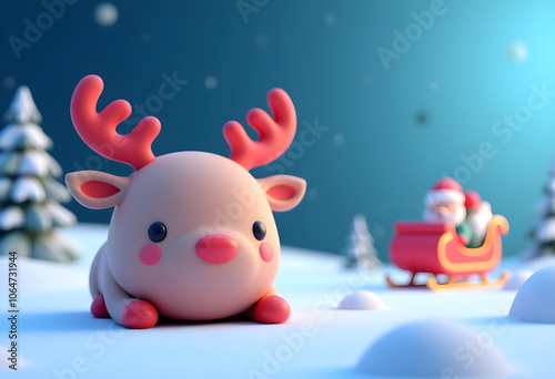 Cute cartoon reindeer with rosy cheeks in snowy landscape, with Santa in sleigh nearby. serene winter scene evokes joyful holiday spirit