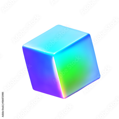 3d holographic primutive shape. 3d neon iridescent cube with rainbow effect. 3d vector